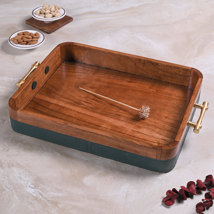 Greetwood Wooden Serving Tray With Leather Fabric