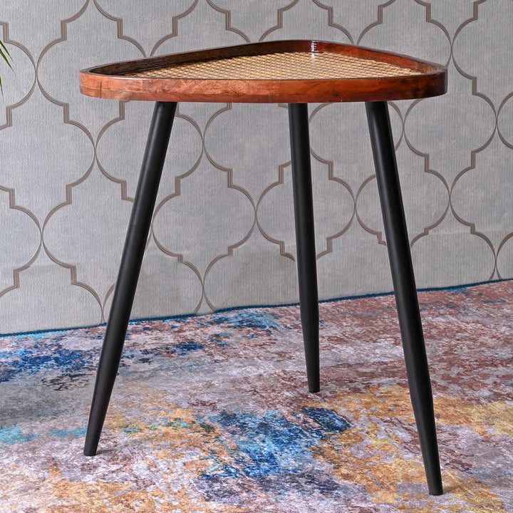 Walnut Triangular Mango Wood Resin Side Table with Metal Legs