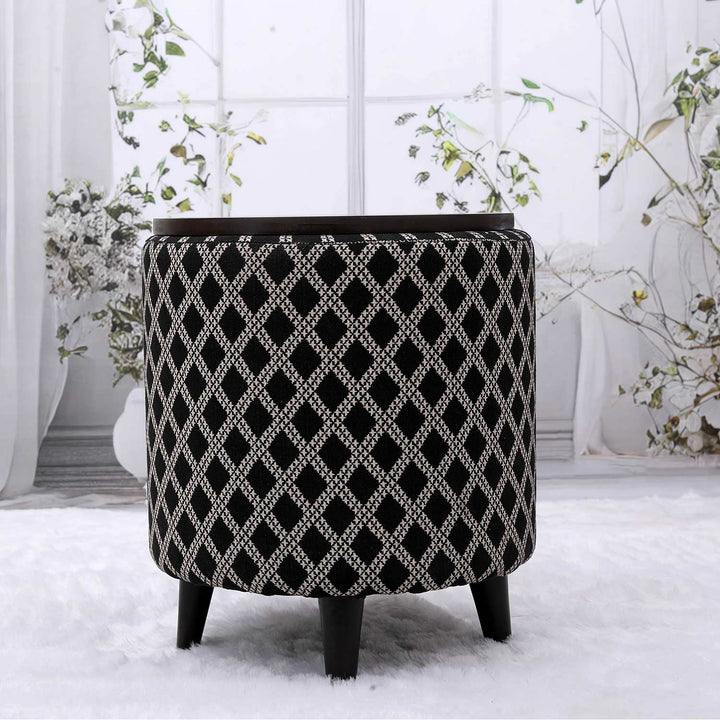 Multifunctional Tetrad Jacquard Wooden Footstool in Black Color