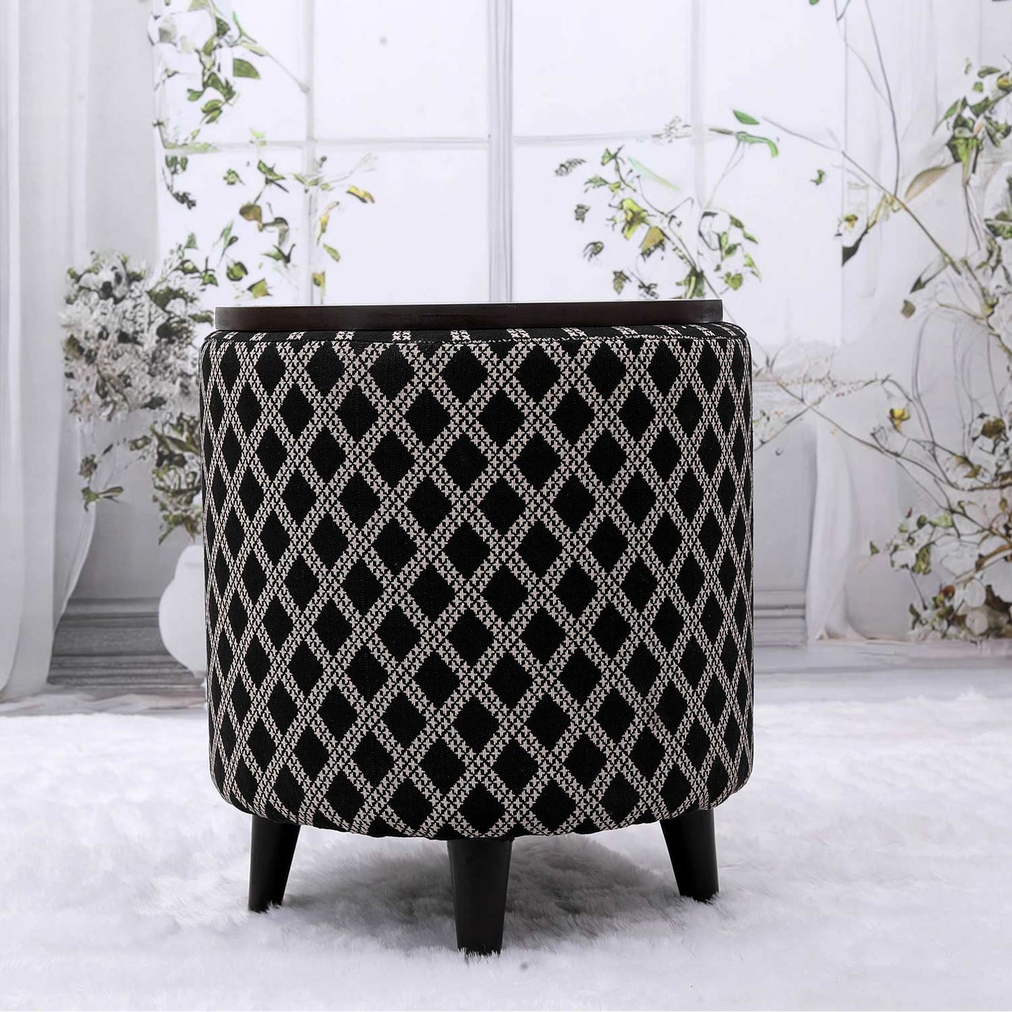Multifunctional Tetrad Jacquard Wooden Footstool in Black Color