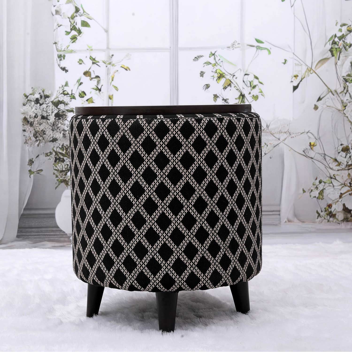 Multifunctional Tetrad Jacquard Wooden Footstool in Black Color
