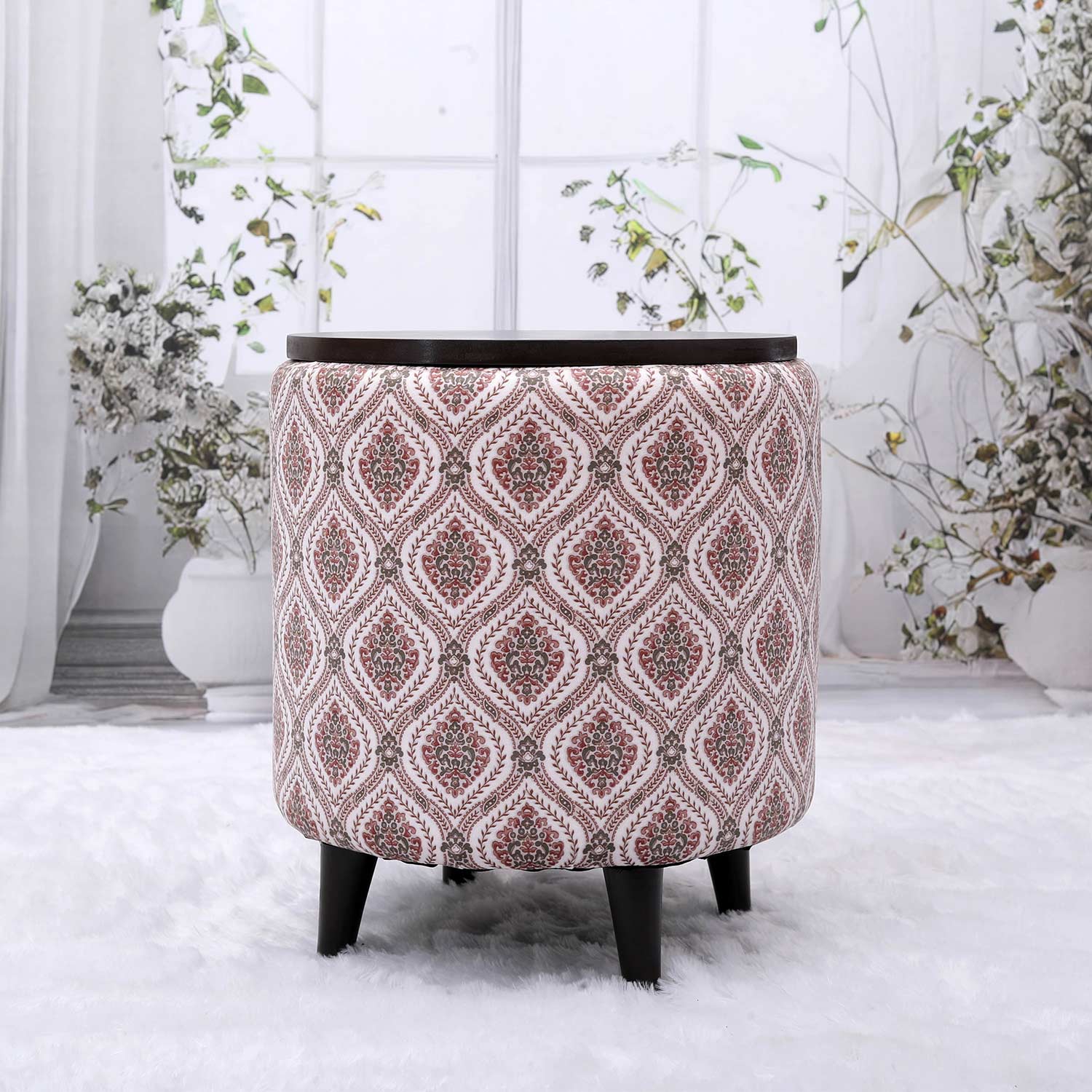 Universal Printed Storage Ottoman in Maroon and Green Color