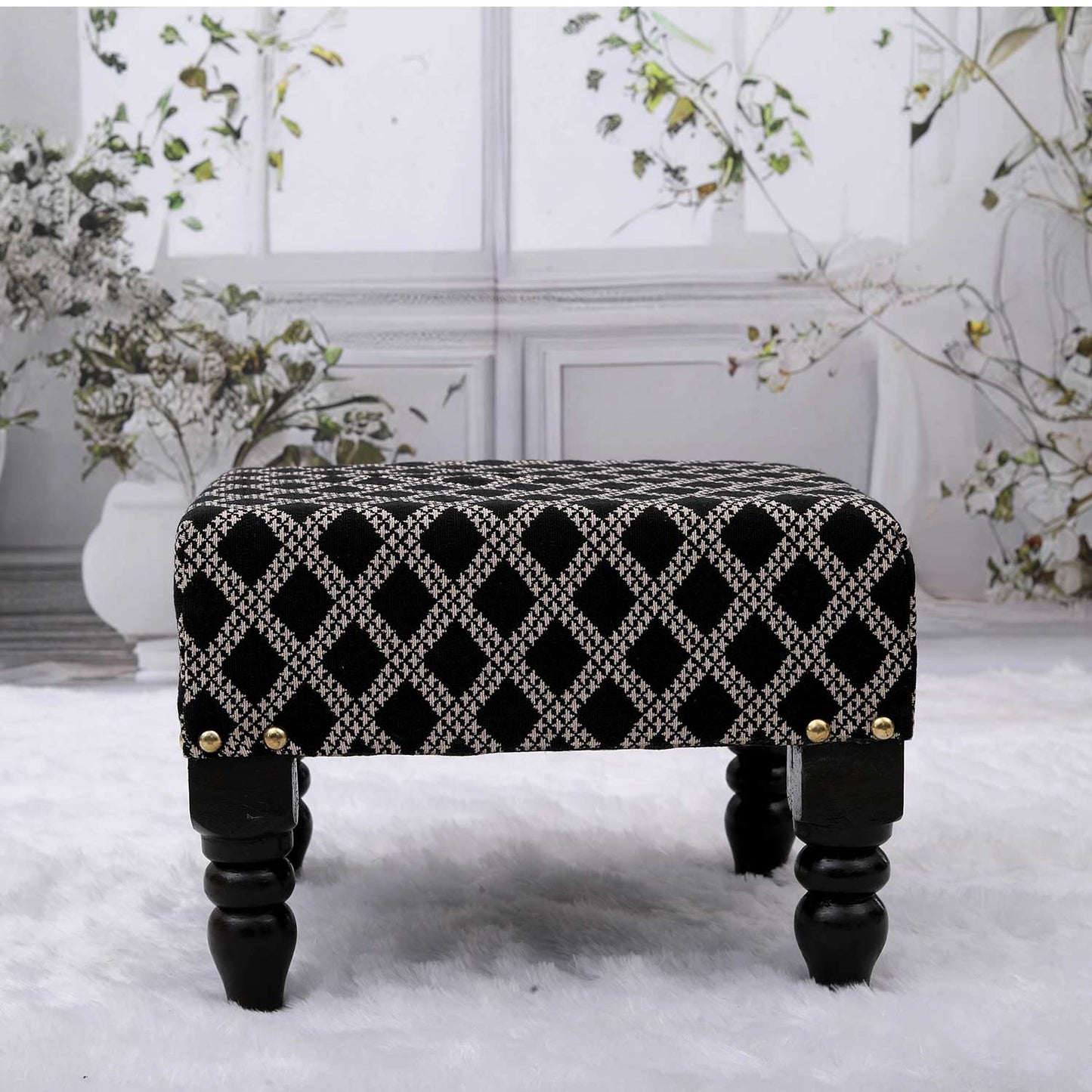 Multifunctional Tetrad Jacquard Wooden Footstool in Black Color Set of 2
