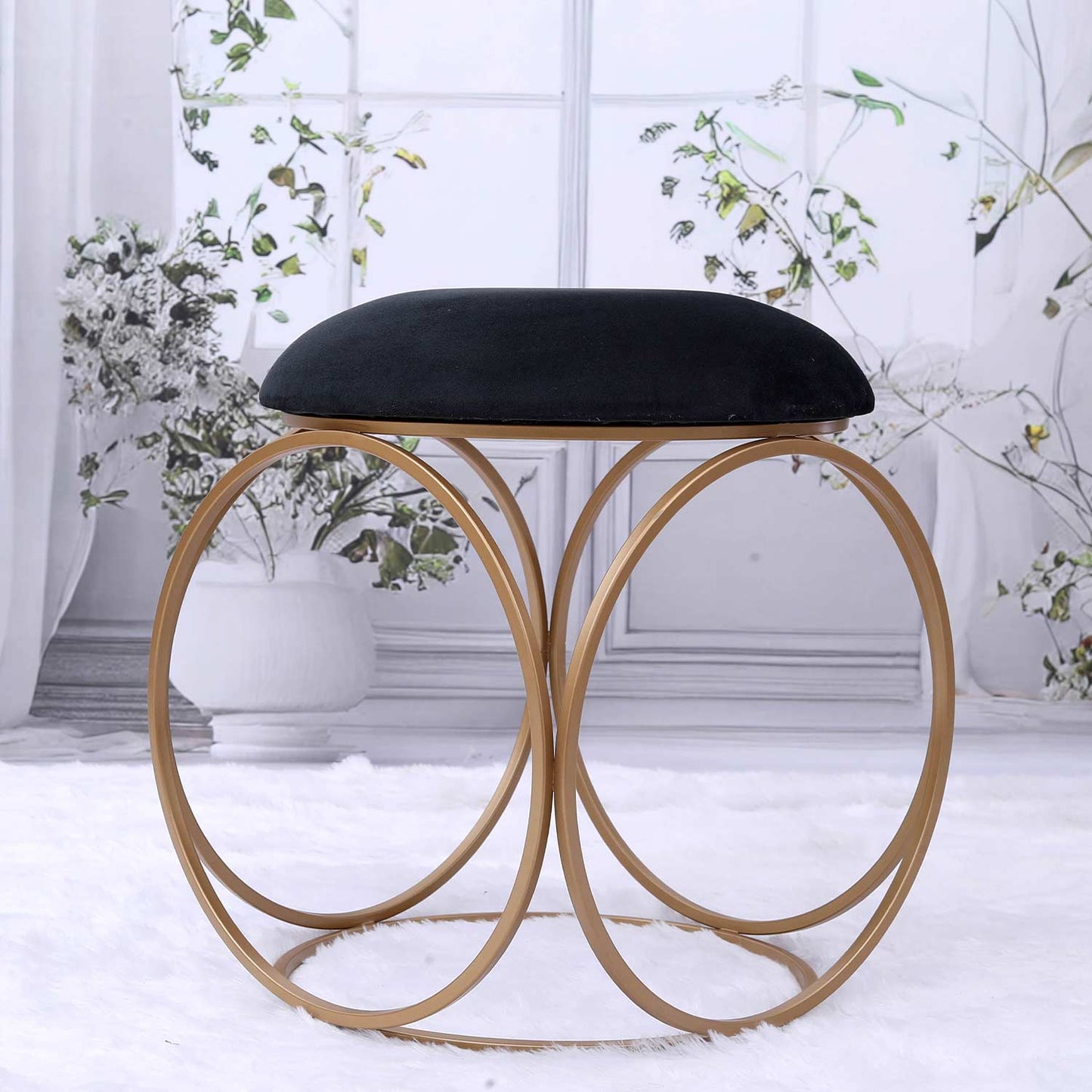 Modern Hexa-Style Golden Metal Stool in Black Cushion