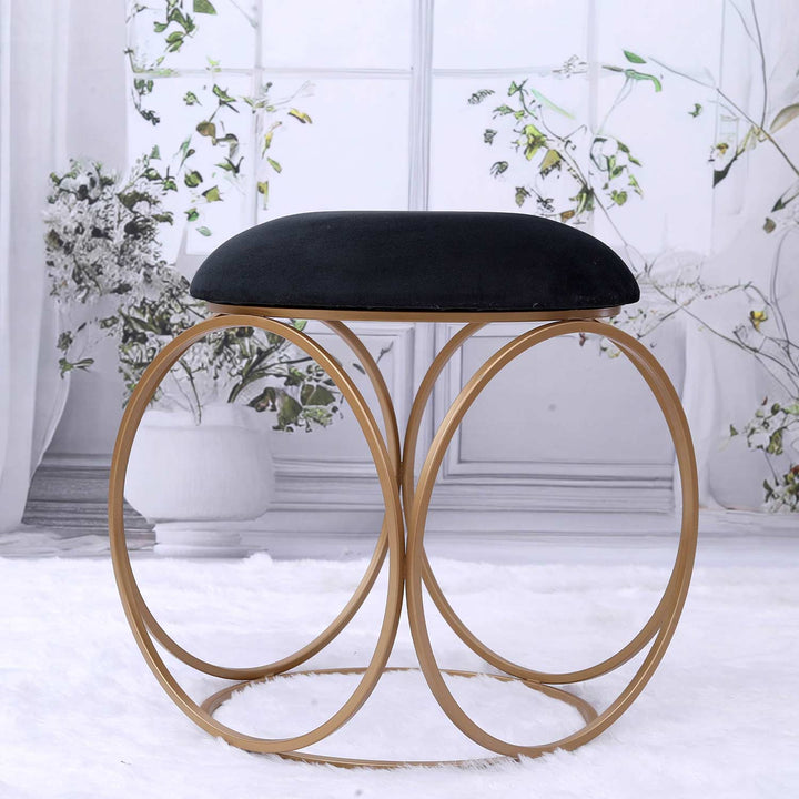 Modern Hexa-Style Golden Metal Stool in Black Cushion
