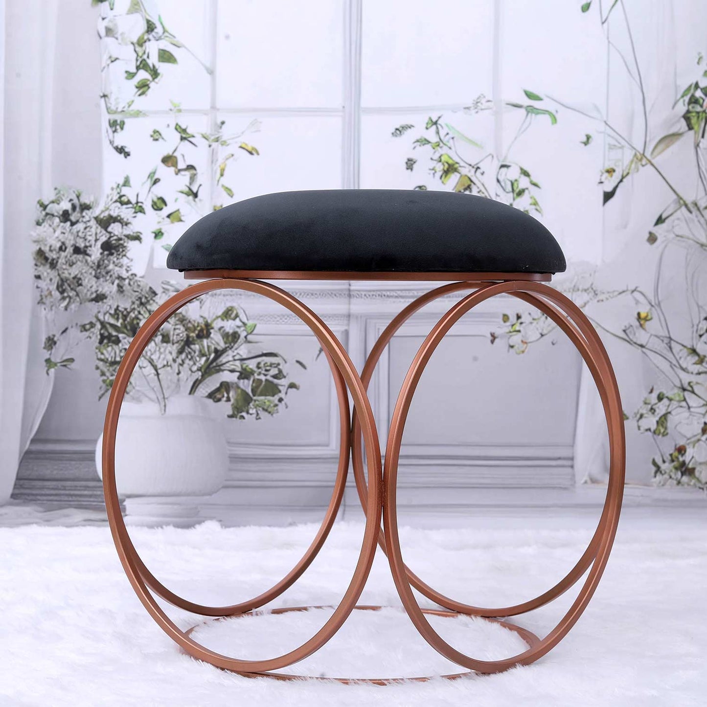 Modern Hexa-Style Rose Gold Metal Stool in Black Cushion