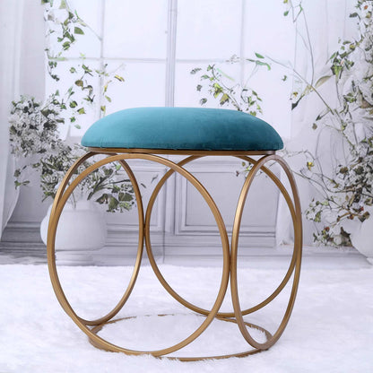 Modern Hexa-Style Golden Metal Stool in Teal Blue Cushion