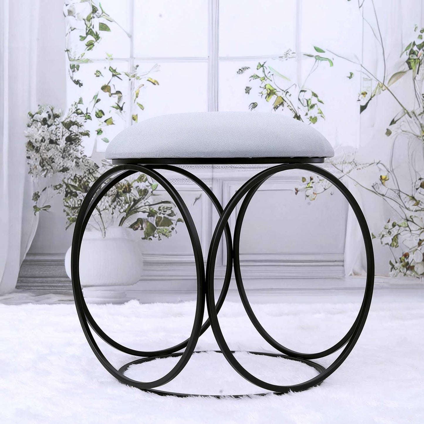 Modern Hexa-Style Matt Black Metal Stool in Grey Cushion