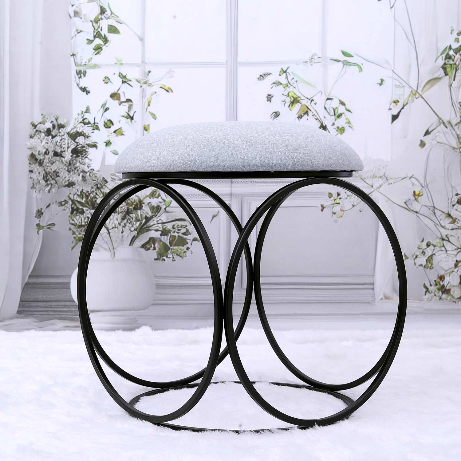 Modern Hexa-Style Matt Black Metal Stool in Grey Cushion