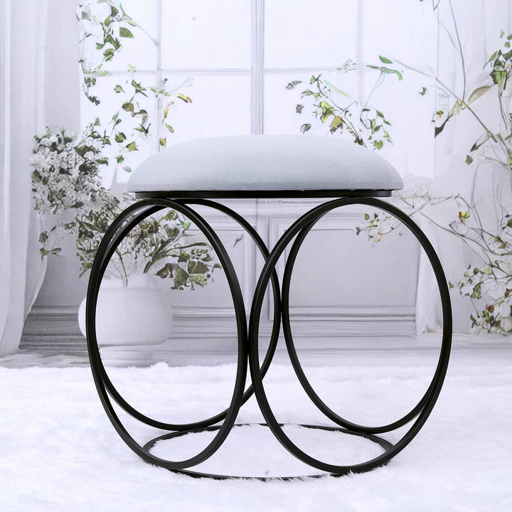 Modern Hexa-Style Matt Black Metal Stool in Grey Cushion