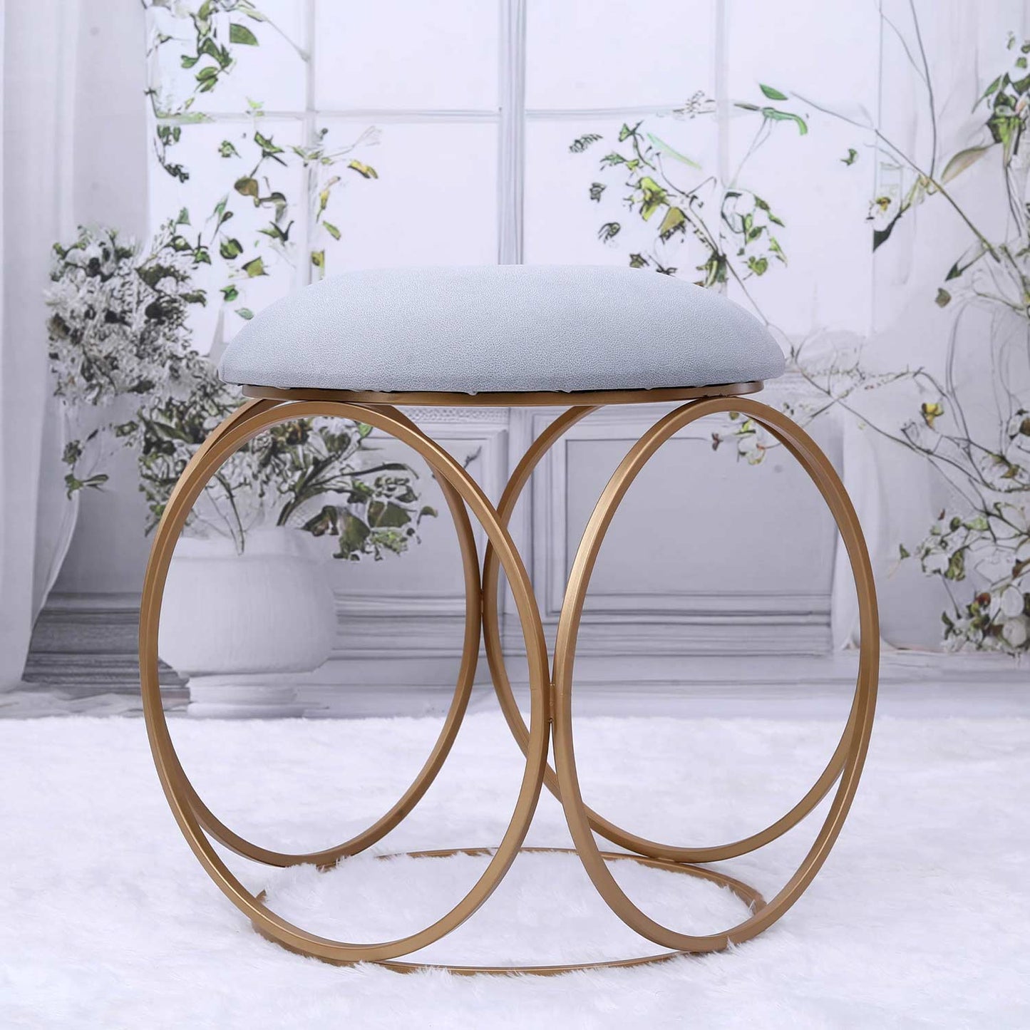 Modern Hexa-Style Golden Metal Stool in Grey Cushion Set of 2