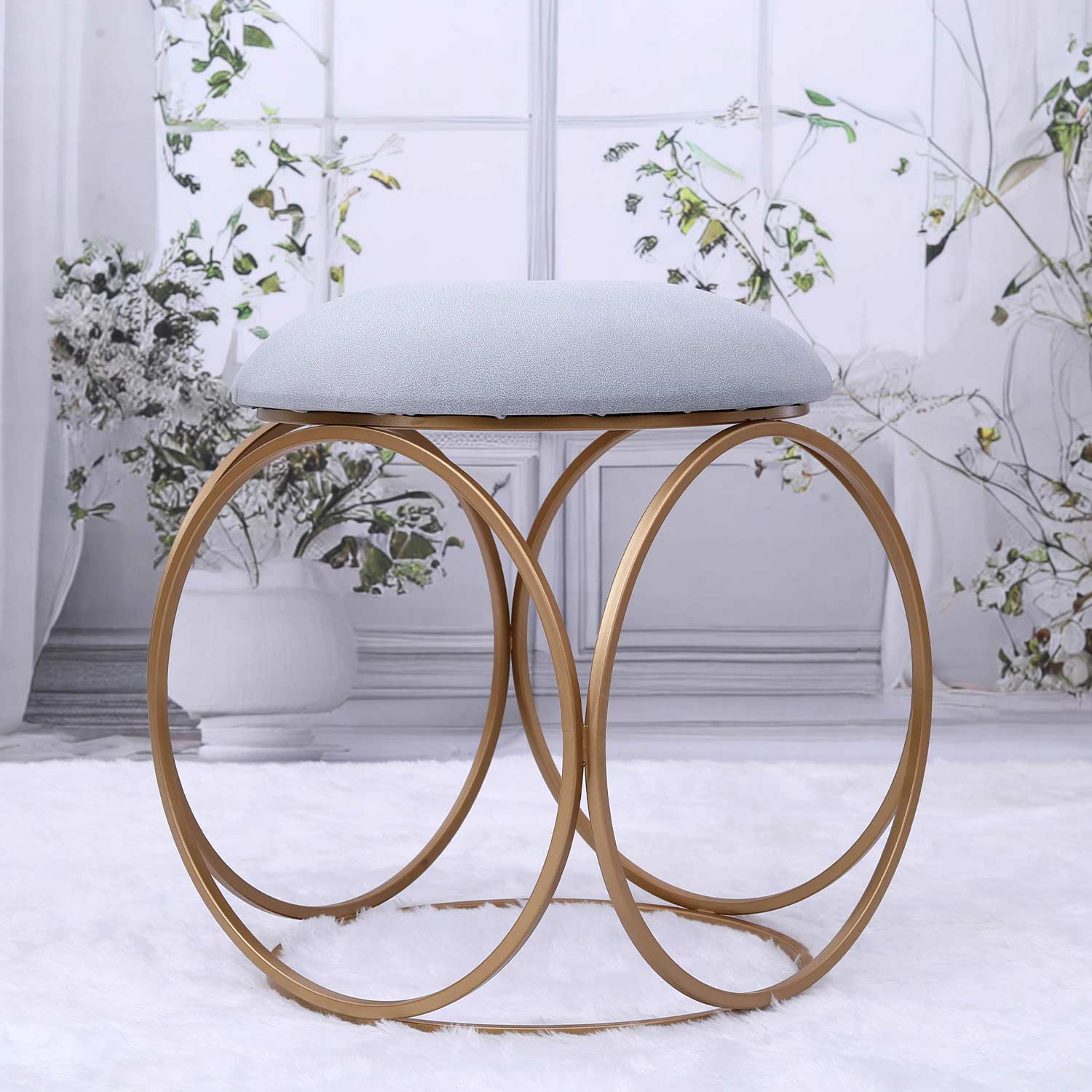 Modern Hexa-Style Golden Metal Stool in Grey Cushion Set of 2
