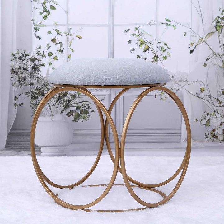 Modern Hexa-Style Golden Metal Stool in Grey Cushion Set of 2