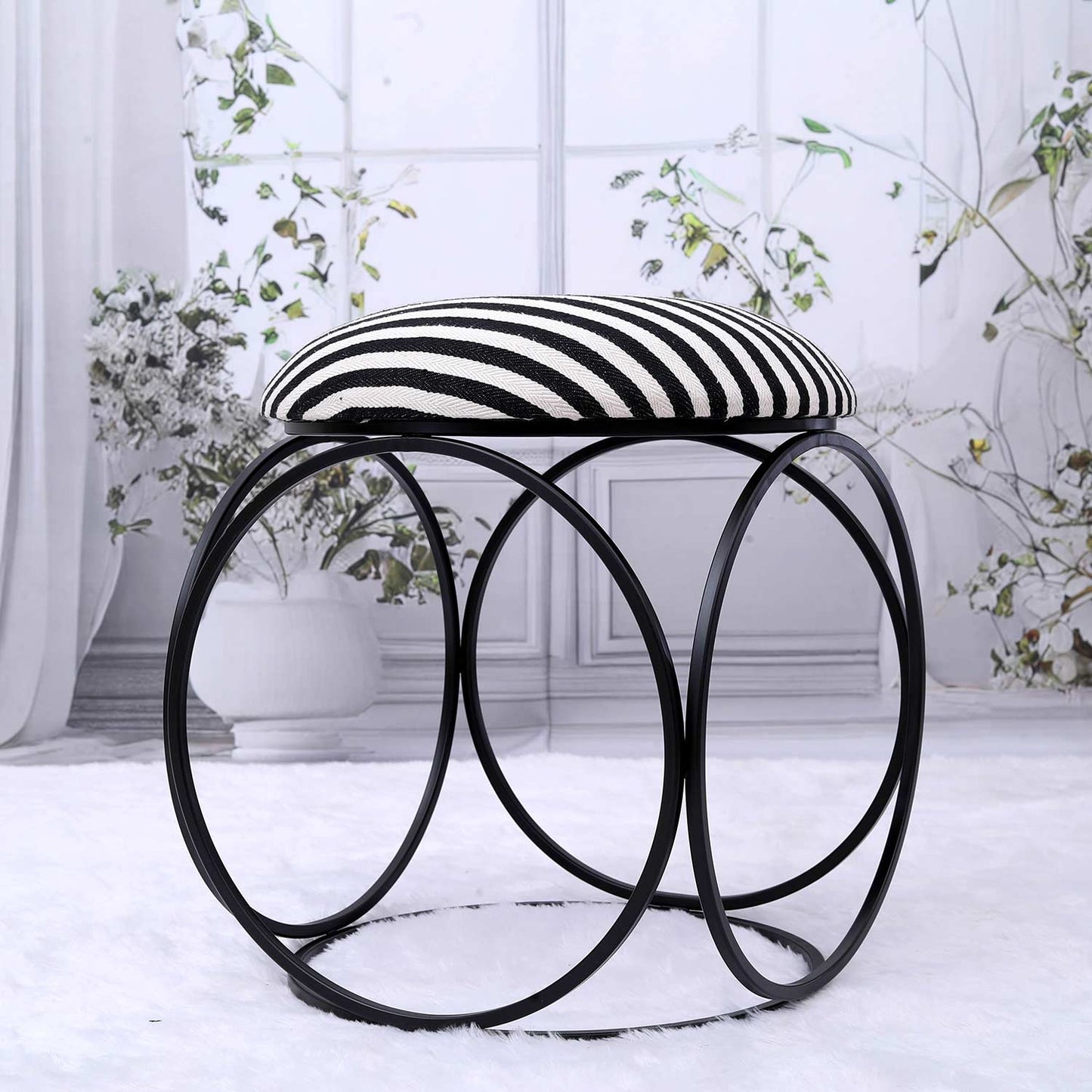 Modern Hexa-Style Matt Black Metal Stool in Black &amp; White Stripe