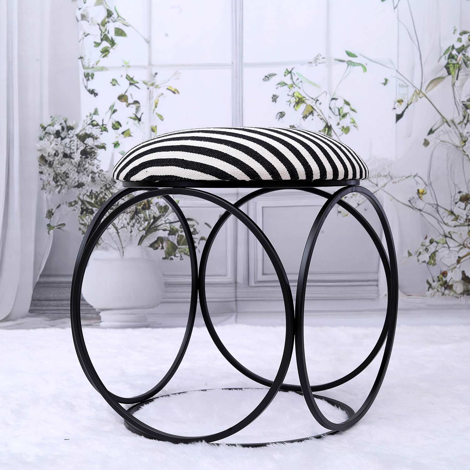 Modern Hexa-Style Matt Black Metal Stool in Black &amp; White Stripe