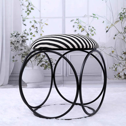 Modern Hexa-Style Matt Black Metal Stool in Black &amp; White Stripe