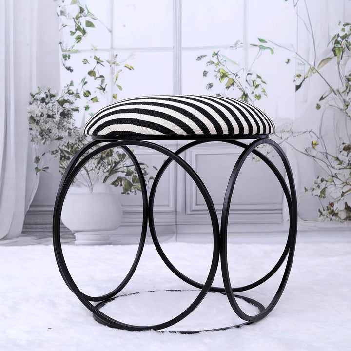 Modern Hexa-Style Matt Black Metal Stool in Black &amp; White Stripe