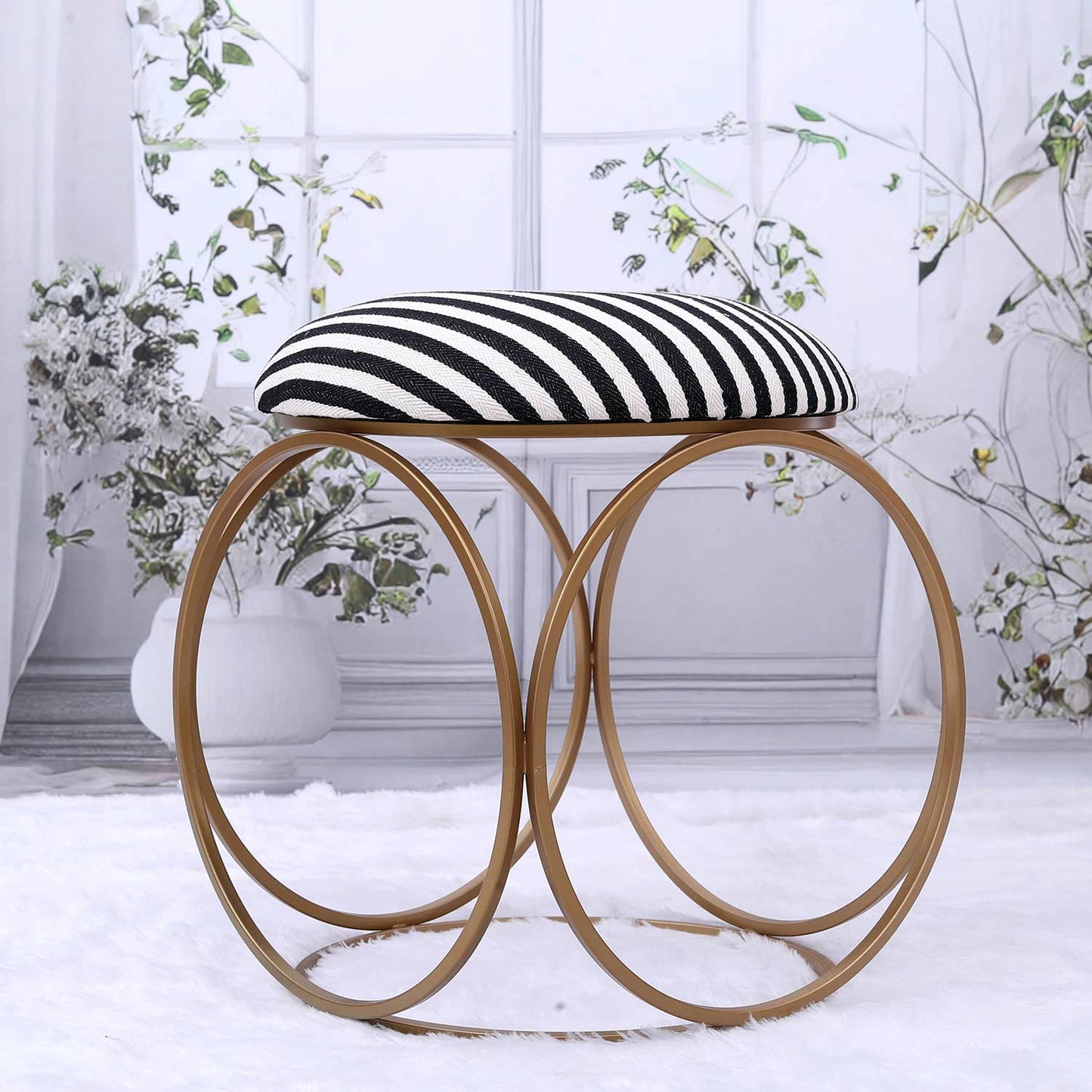 Modern Hexa-Style Golden Metal Stool in Black &amp; White Stripe