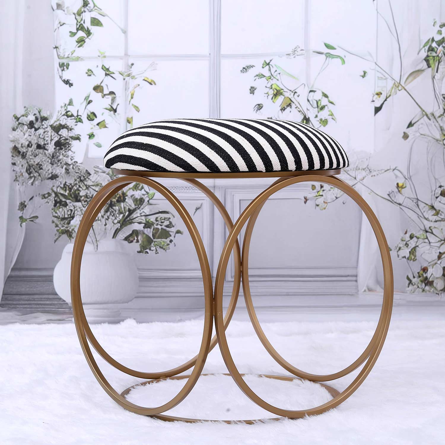 Modern Hexa-Style Golden Metal Stool in Black &amp; White Stripe