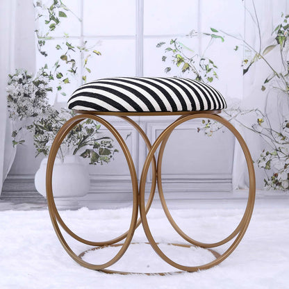 Modern Hexa-Style Golden Metal Stool in Black &amp; White Stripe