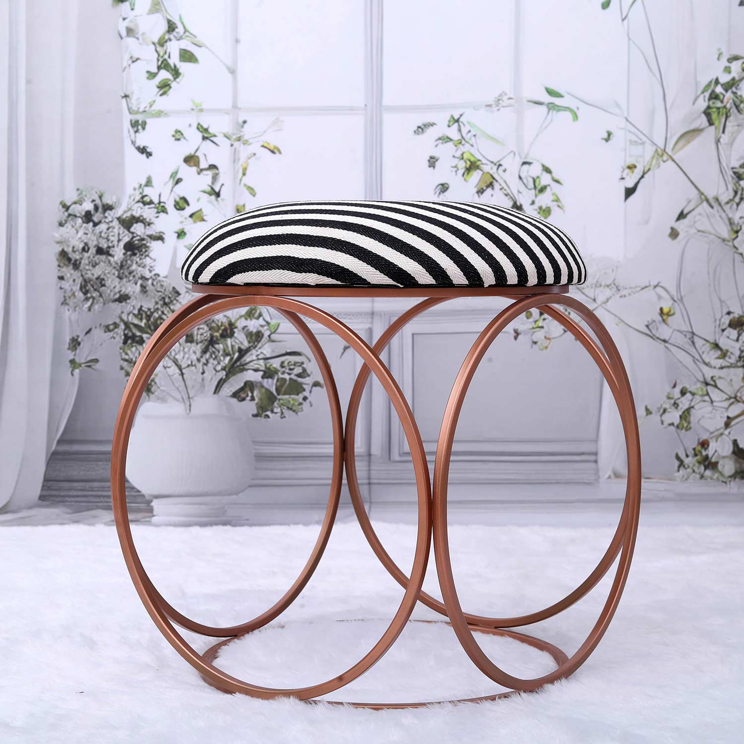Modern Hexa-Style Rose Gold Metal Stool in Black &amp; White Stripe