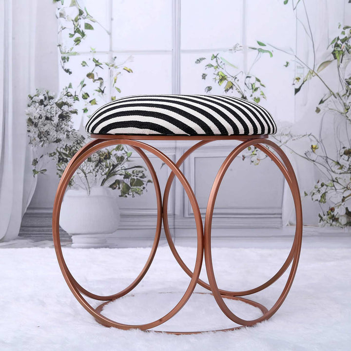 Modern Hexa-Style Rose Gold Metal Stool in Black &amp; White Stripe