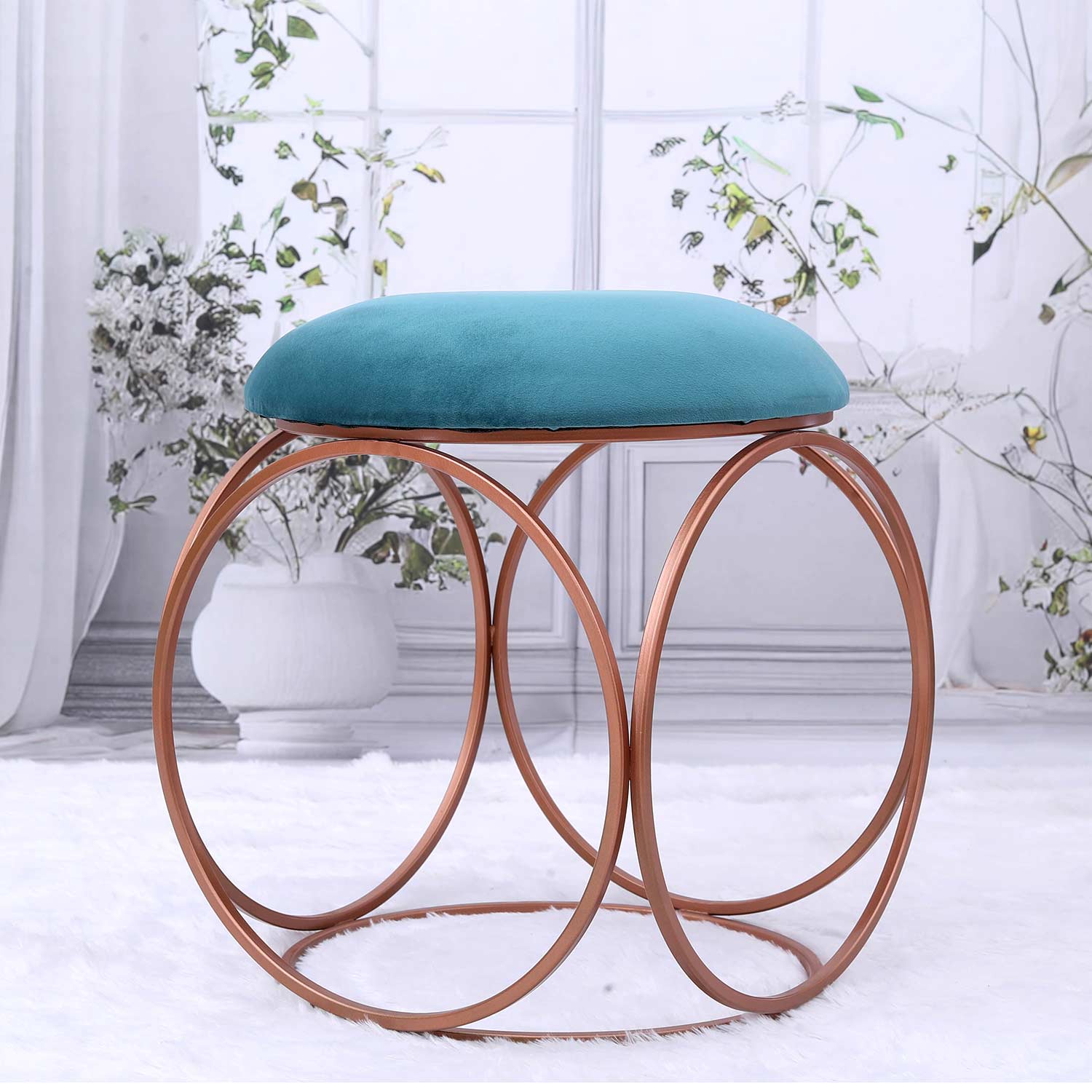 Modern Hexa-Style Rose Gold Metal Stool in Teal Blue Cushion