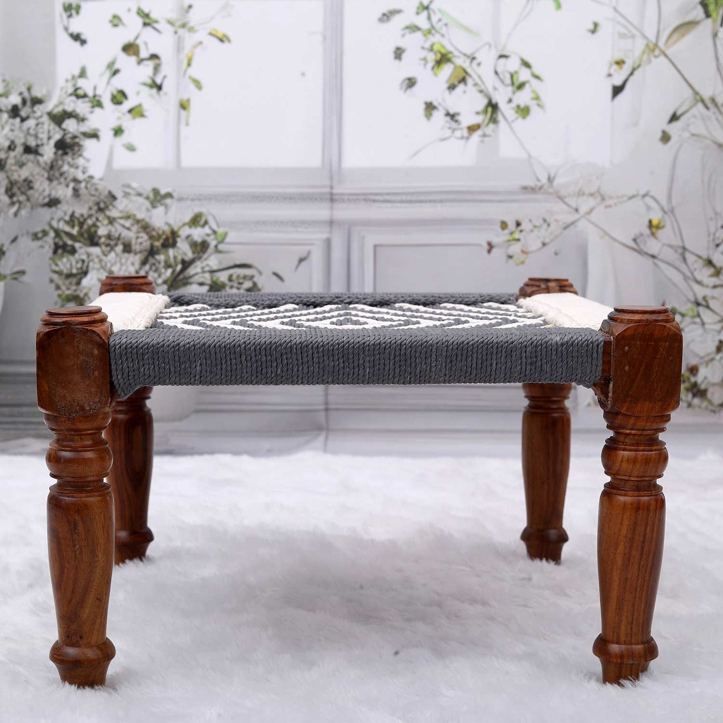 Retro Maachi Style Sheesham Chowki in Grey Color Hand Cane