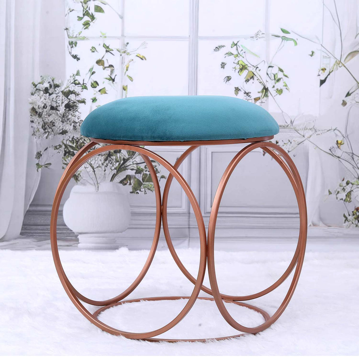 Modern Hexa-Style Rose Gold Metal Stool in Teal Blue Cushion