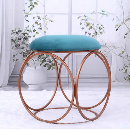 Modern Hexa-Style Rose Gold Metal Stool in Teal Blue Cushion
