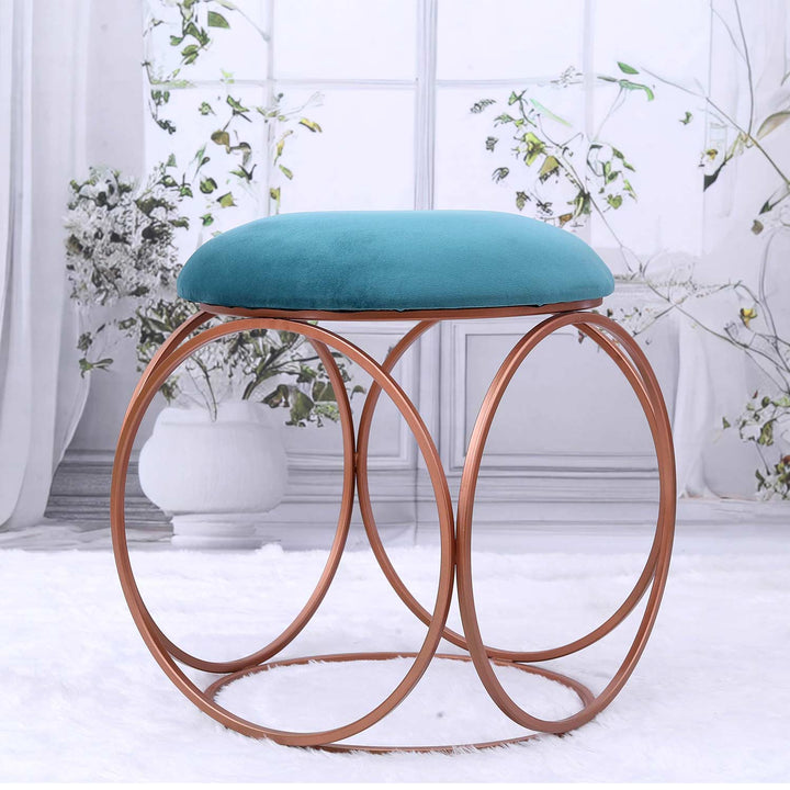 Modern Hexa-Style Rose Gold Metal Stool in Teal Blue Cushion