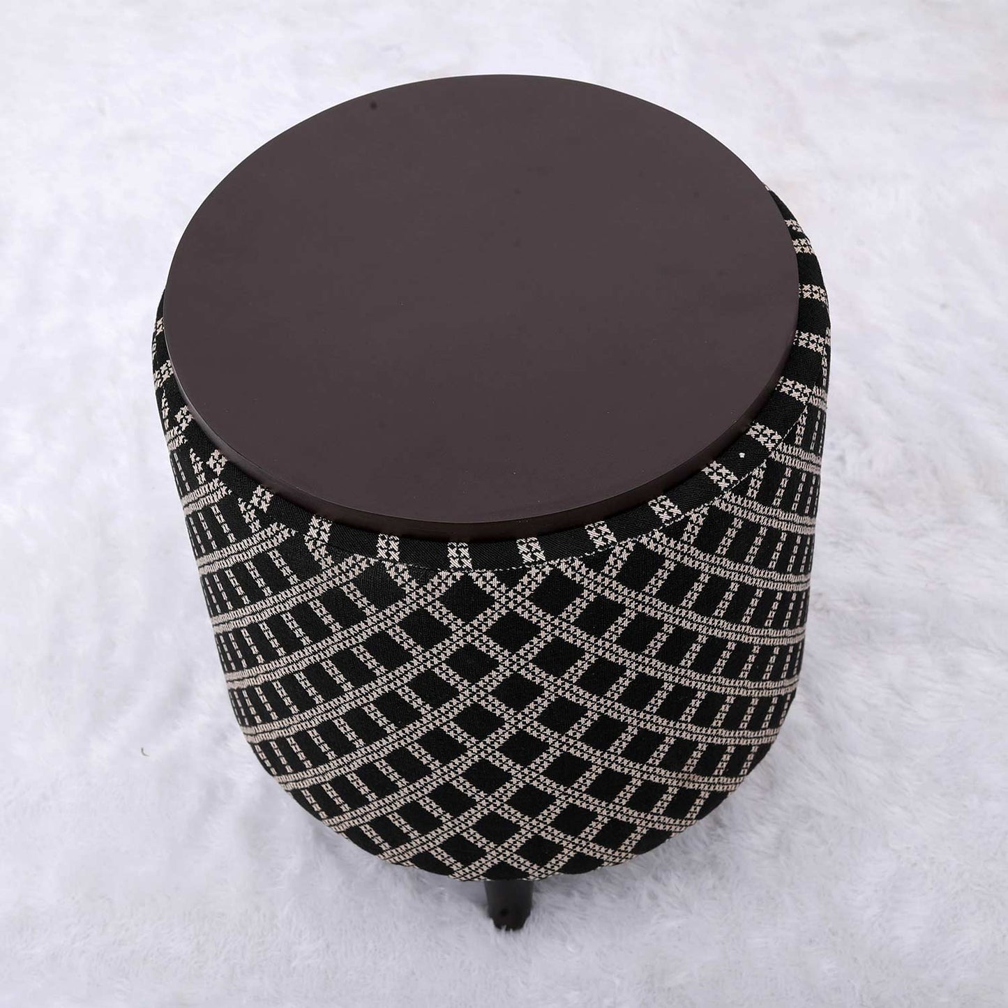 Multifunctional Tetrad Jacquard Wooden Footstool in Black Color
