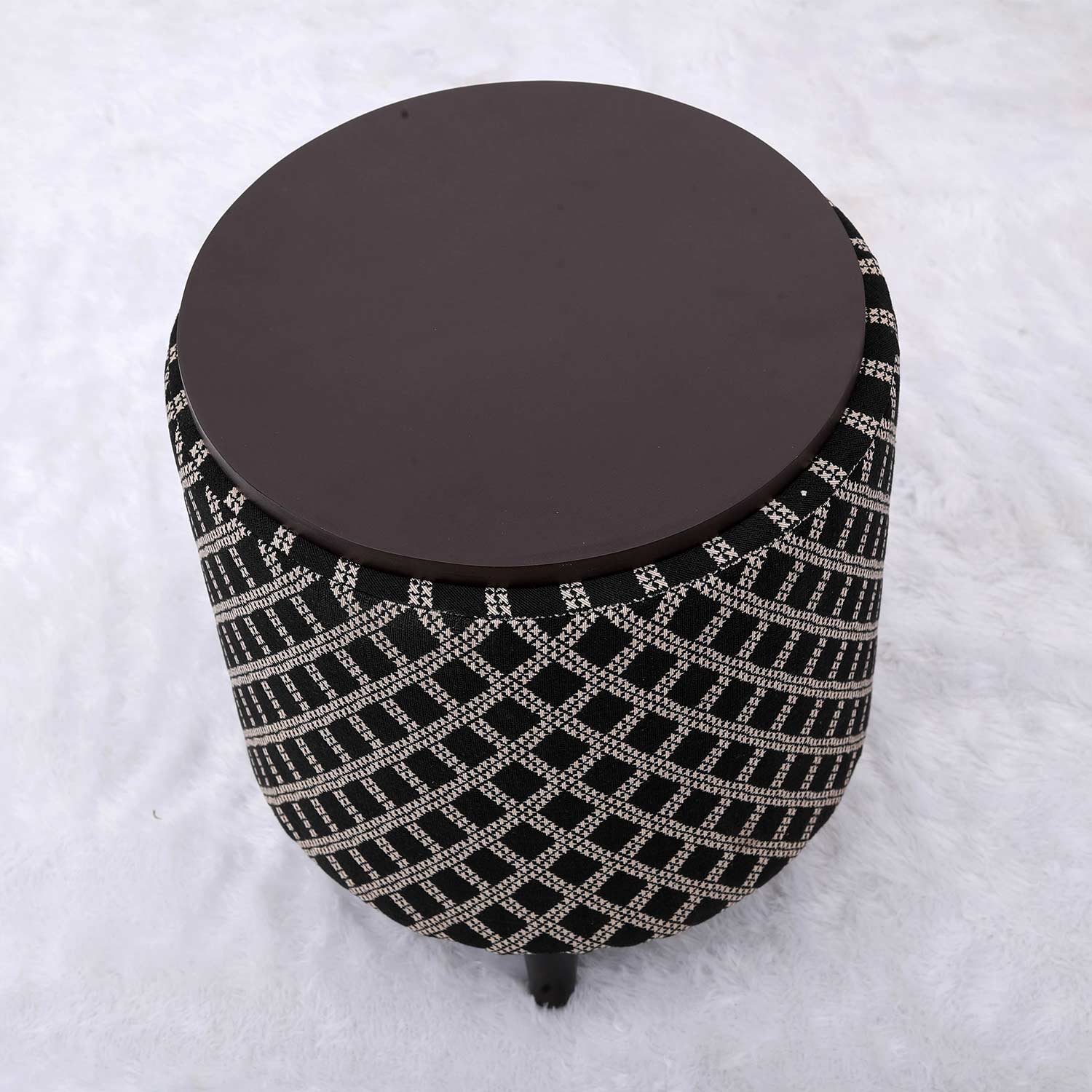 Multifunctional Tetrad Jacquard Wooden Footstool in Black Color