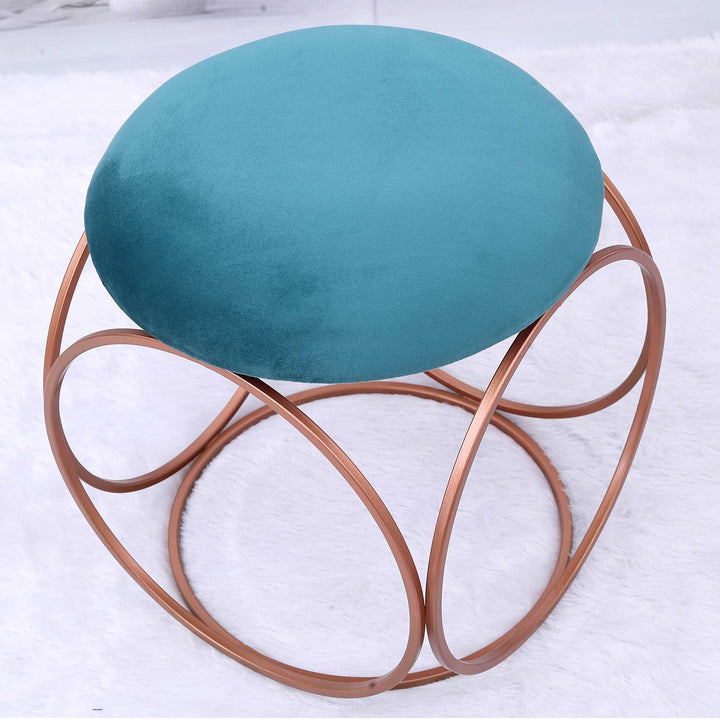 Modern Hexa-Style Rose Gold Metal Stool in Teal Blue Cushion Set of 2