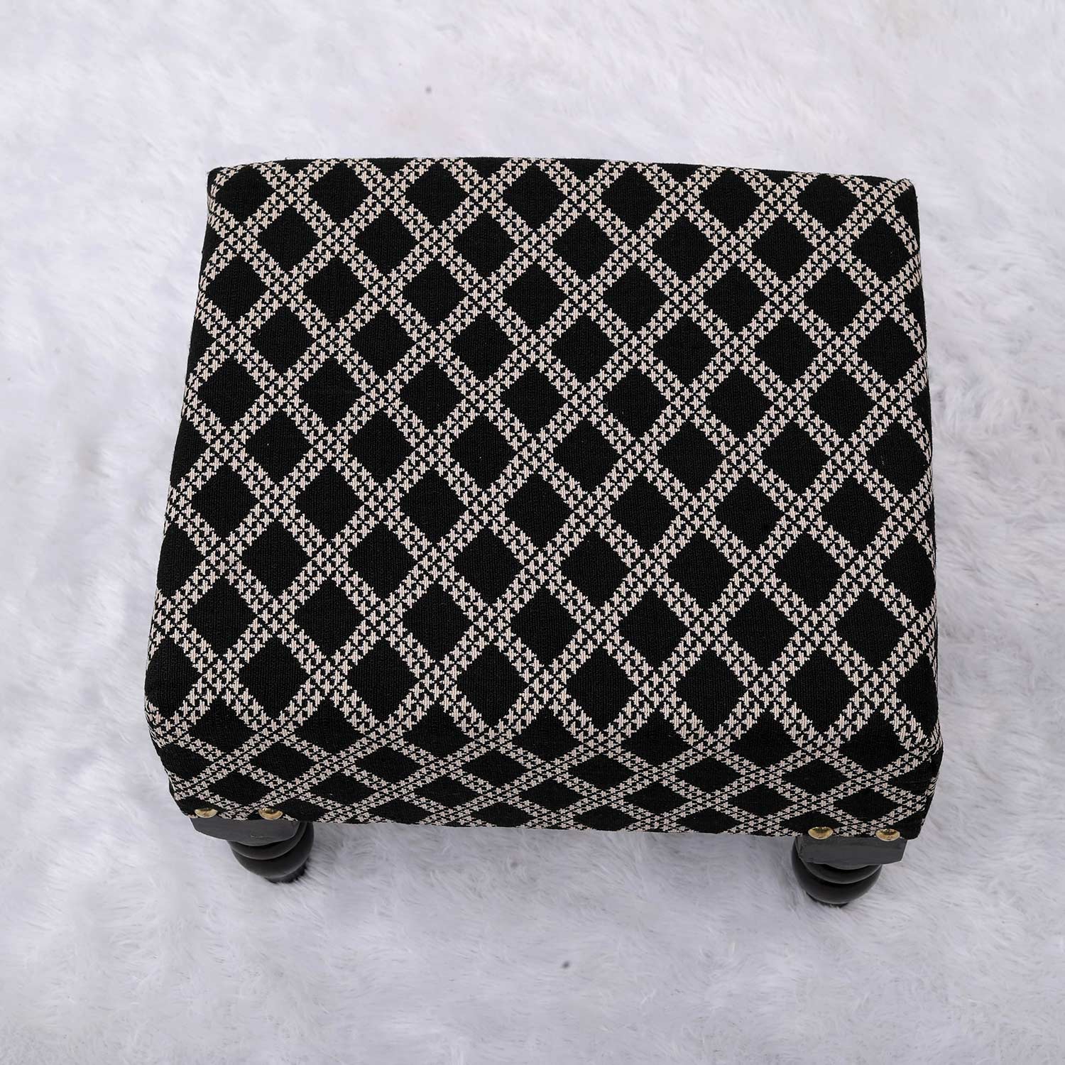 Multifunctional Tetrad Jacquard Wooden Footstool in Black Color