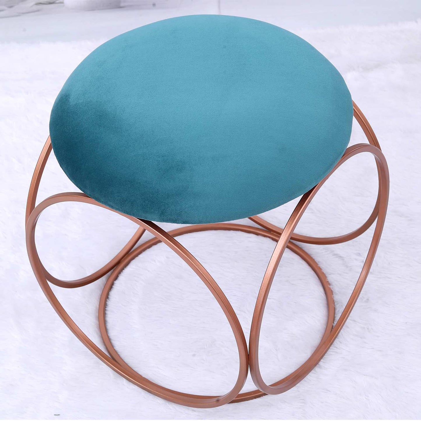 Modern Hexa-Style Rose Gold Metal Stool in Teal Blue Cushion Set of 2