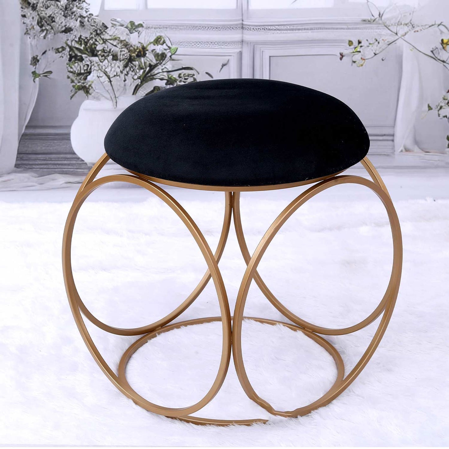 Modern Hexa-Style Golden Metal Stool in Black Cushion
