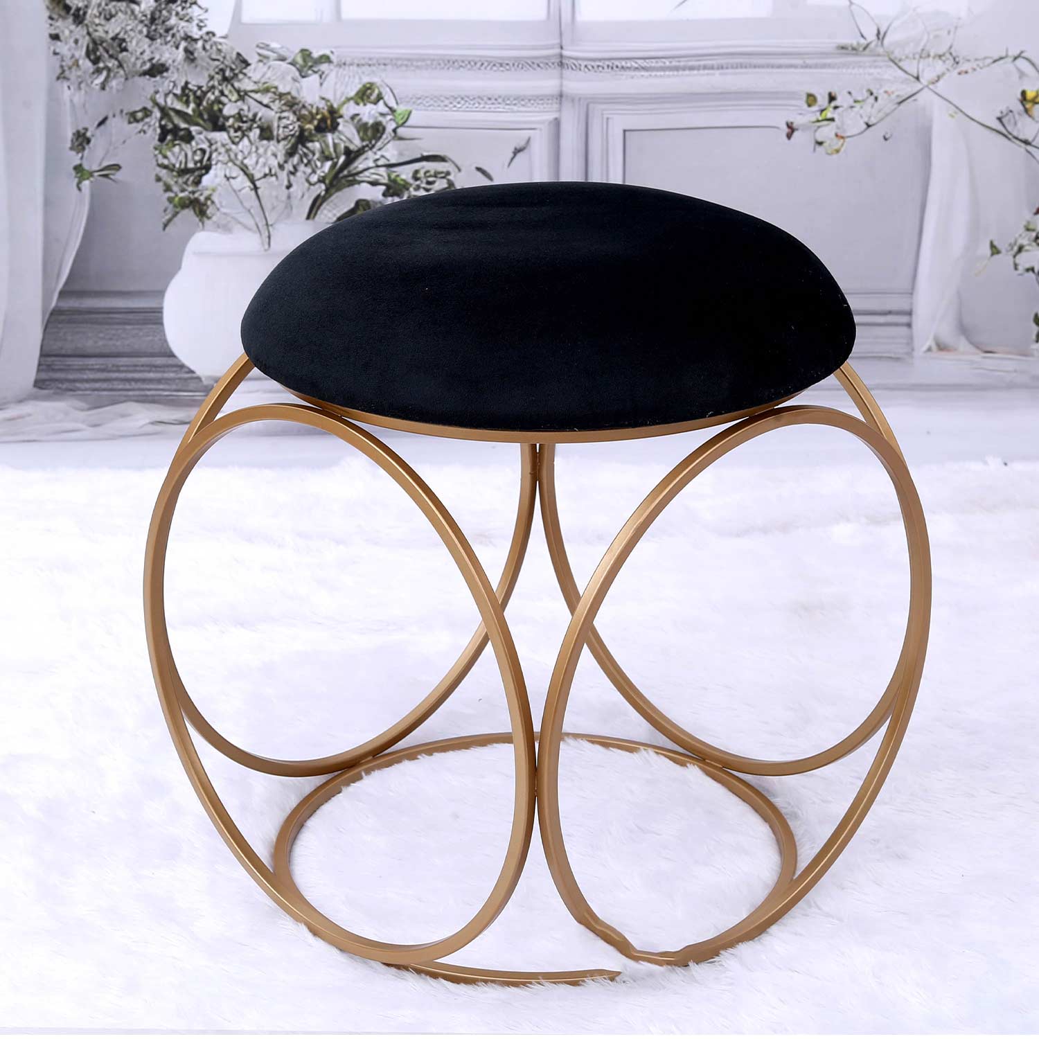 Modern Hexa-Style Golden Metal Stool in Black Cushion