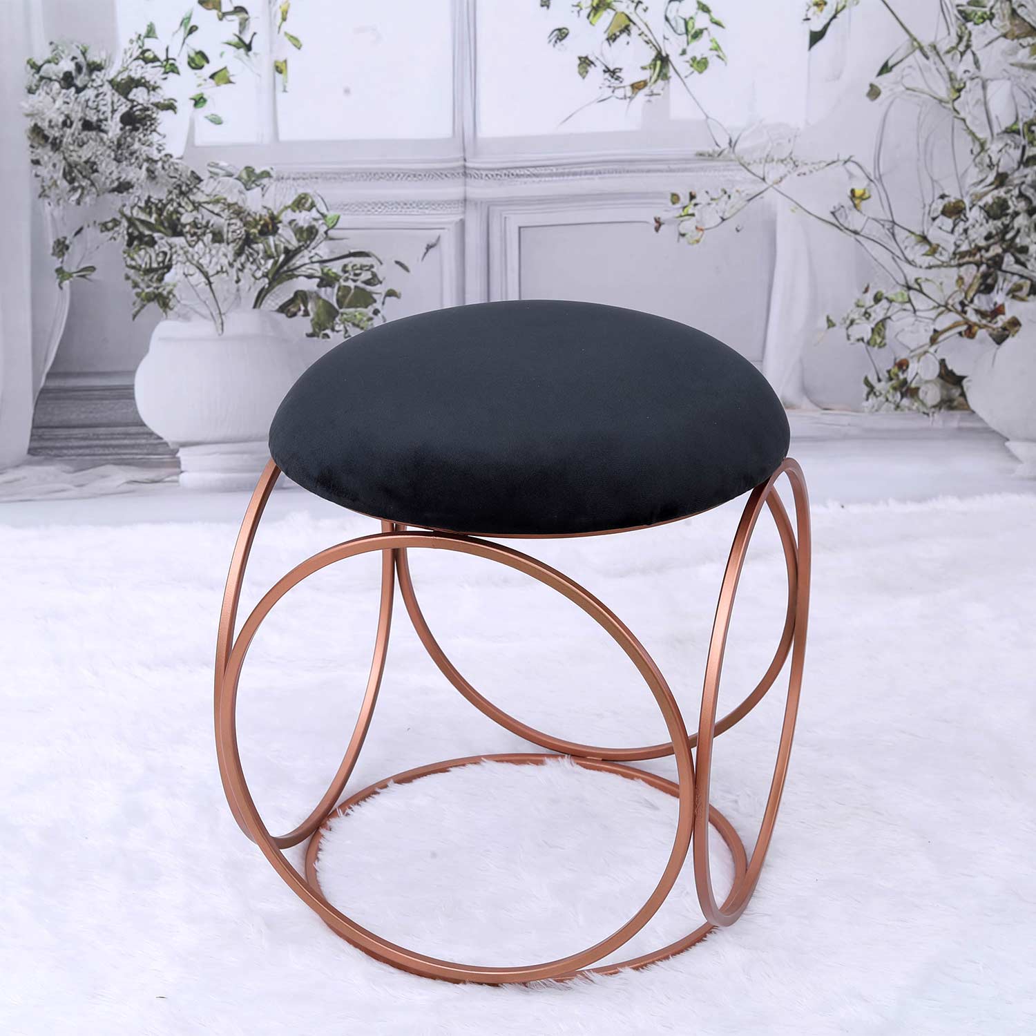 Modern Hexa-Style Rose Gold Metal Stool in Black Cushion Set of 2