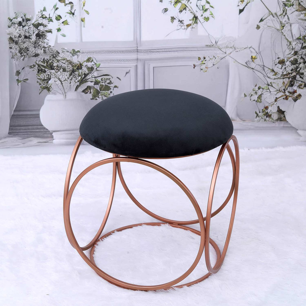 Modern Hexa-Style Rose Gold Metal Stool in Black Cushion Set of 2