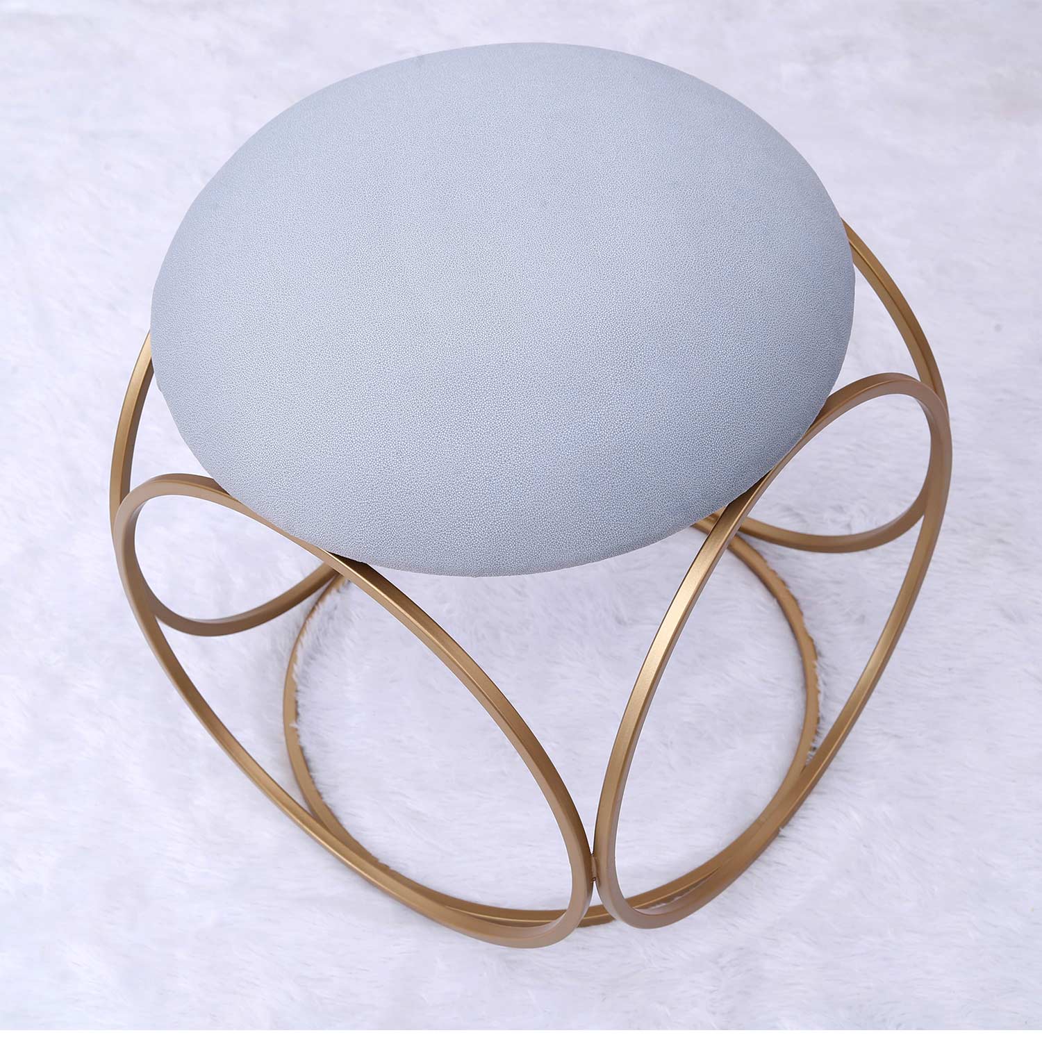 Modern Hexa-Style Golden Metal Stool in Grey Cushion Set of 2