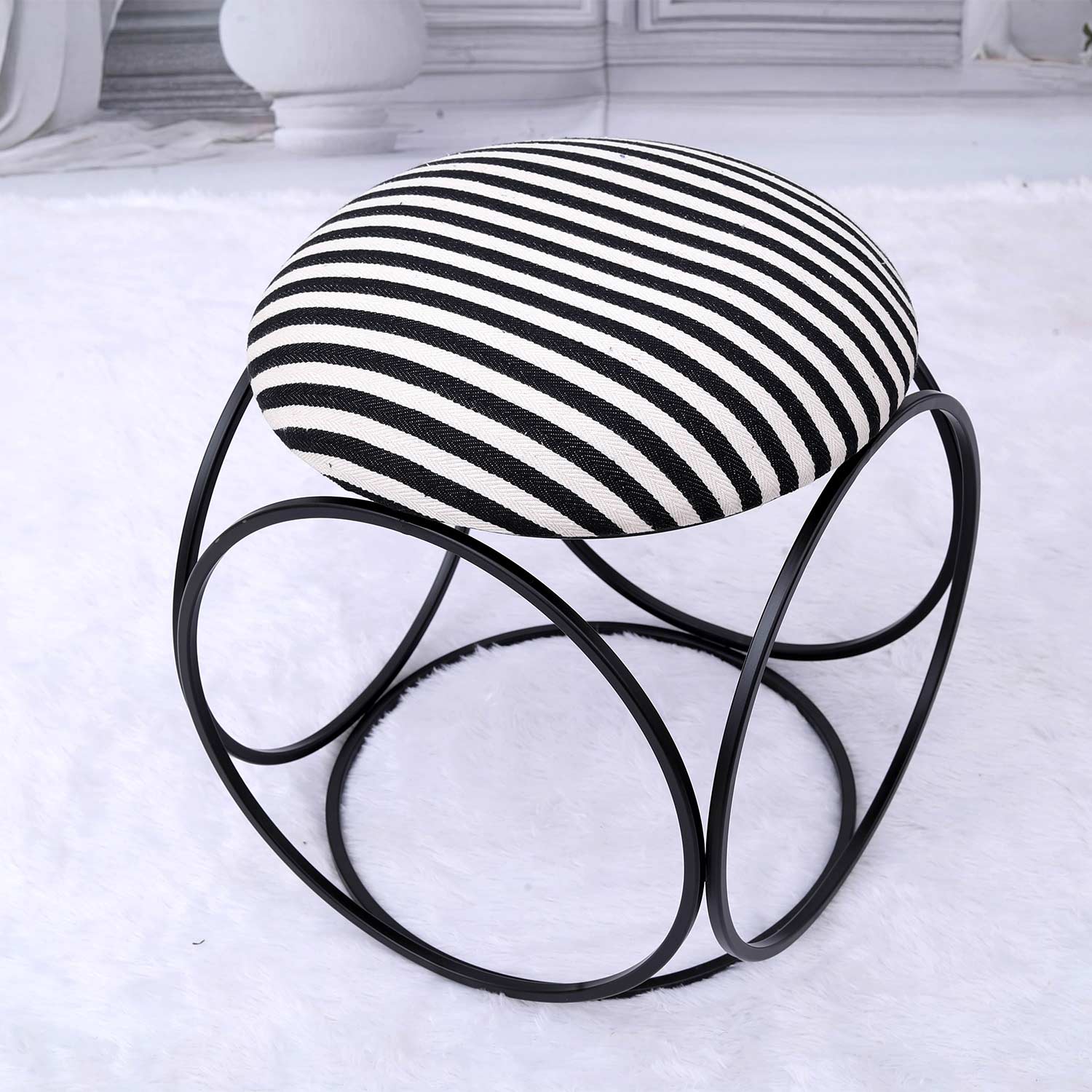 Modern Hexa-Style Matt Black Metal Stool in Black &amp; White Stripe