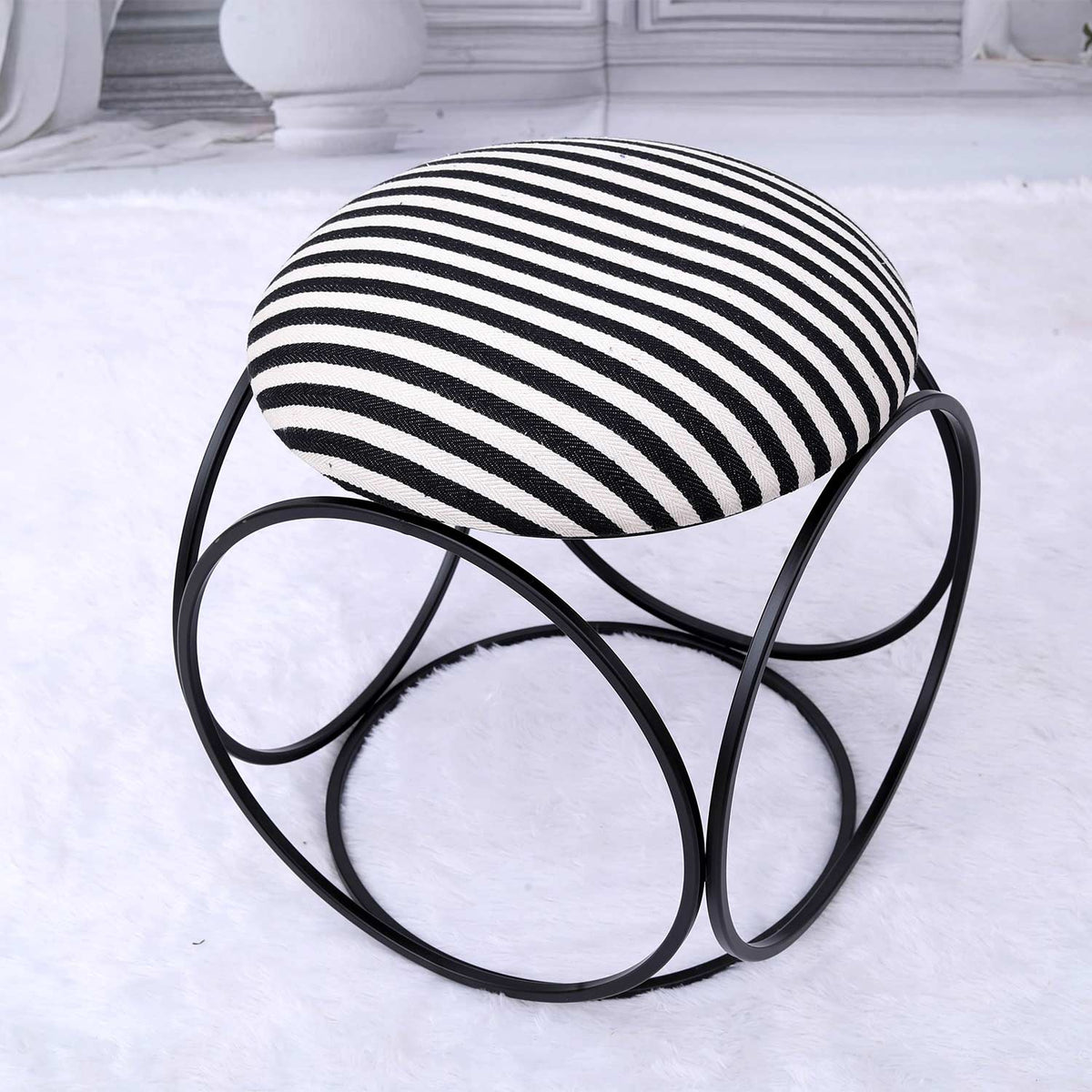 Modern Hexa-Style Matt Black Metal Stool in Black &amp; White Stripe