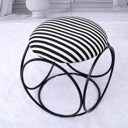 Modern Hexa-Style Matt Black Metal Stool in Black &amp; White Stripe