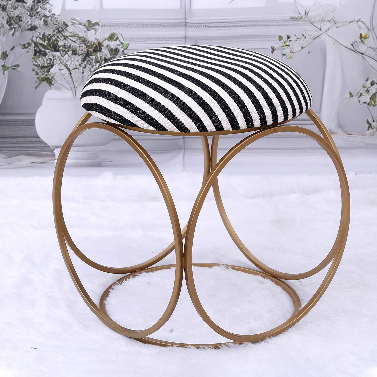 Modern Hexa-Style Golden Metal Stool in Black &amp; White Stripe Set of 2