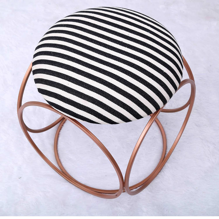 Modern Hexa-Style Rose Gold Metal Stool in Black & White Stripe Set of 2