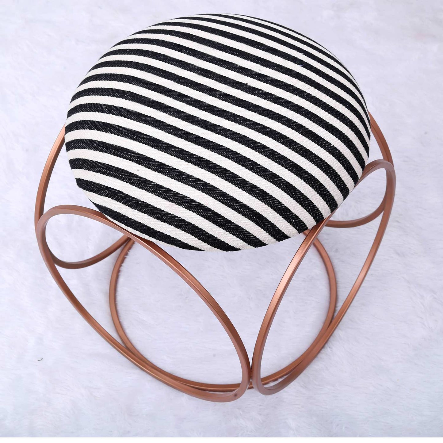 Modern Hexa-Style Rose Gold Metal Stool in Black &amp; White Stripe Set of 2
