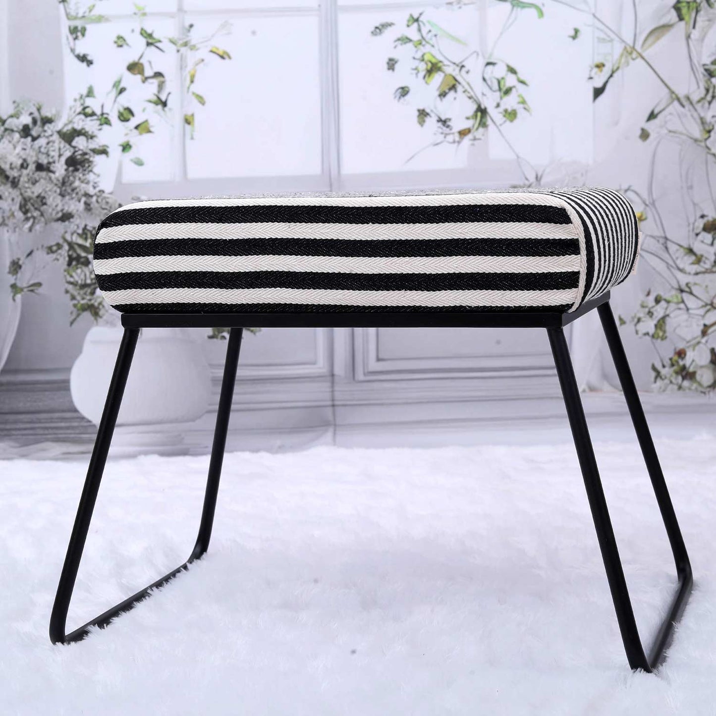 Classy and Compact Matt Black Metal Stool in Black &amp; White Stripe