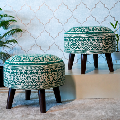 Contemporary Mandala Wooden Tuffet in Teal Blue Color Set of 2