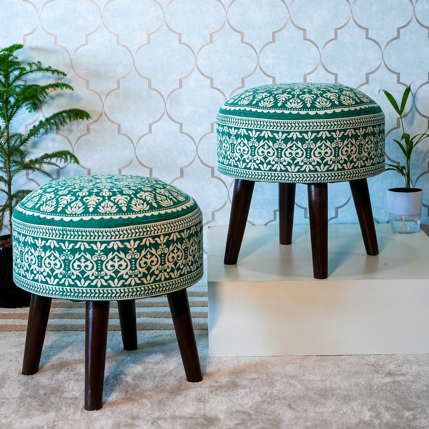 Mandala Wooden Ottoman in Teal Blue Color Set of 2